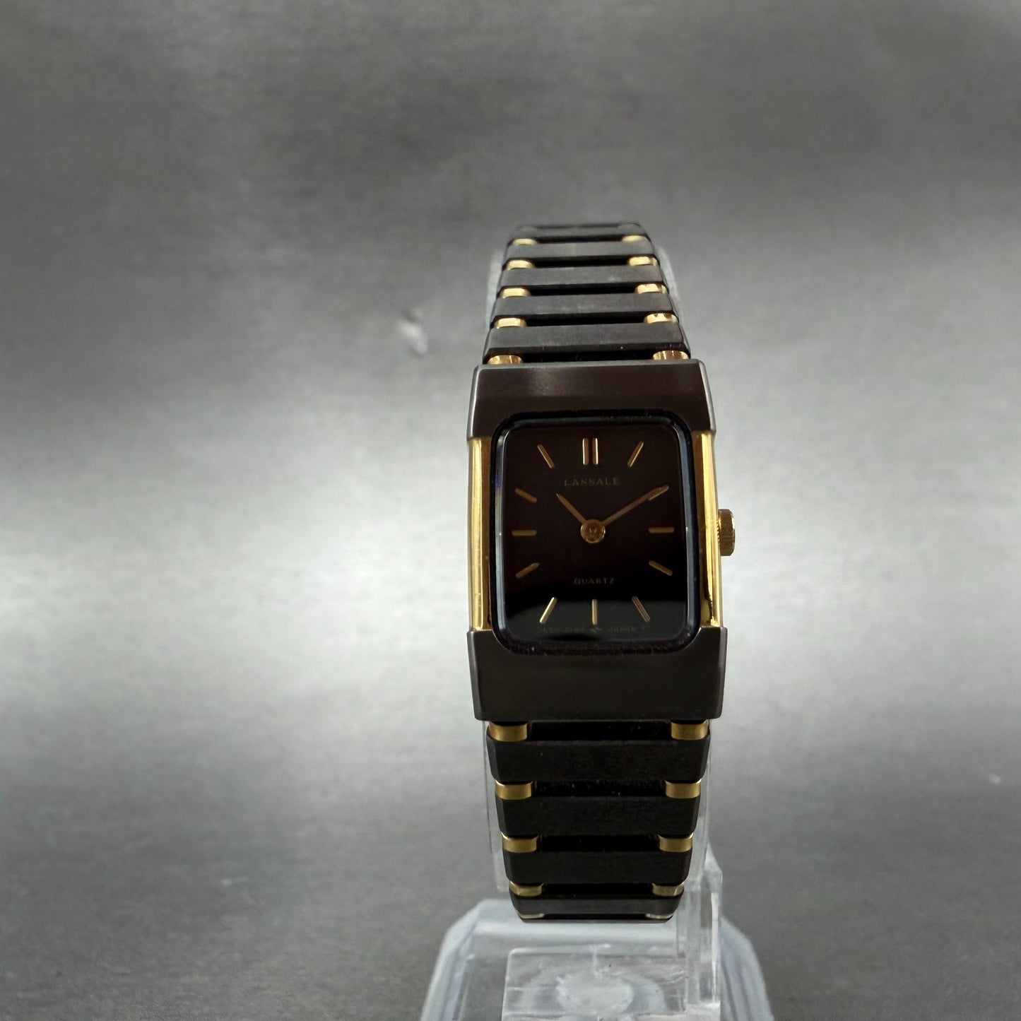 Seiko Lassale Tank Watch Women 16mm Black Dial Gray & Gold Rectangle 1E50 NOS5