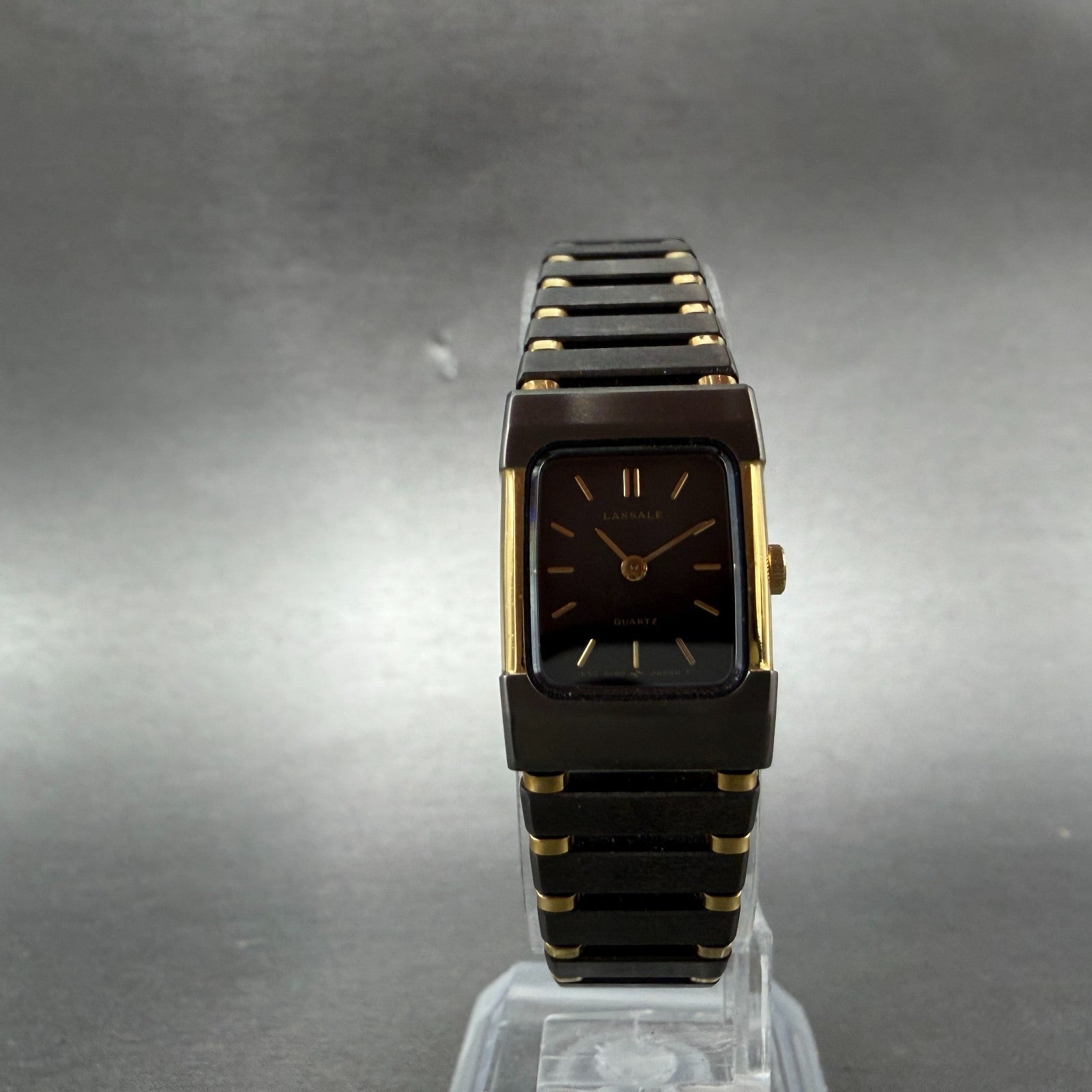 Seiko Lassale Tank Watch Women 16mm Black Dial Gray & Gold Rectangle 1E50 NOS5