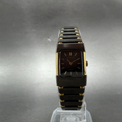 Seiko Lassale Tank Watch Women 16mm Black Dial Gray & Gold Rectangle 1E50 NOS5