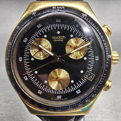 Swatch Irony GOLDFINGER Watch Men Black Dial Gold Case Chrono YCG401 New Battery1