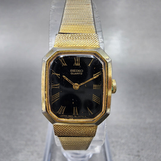 VTG Seiko Watch Women 17mm Black Dial Gold Tone Octagon 2B20-5019 New Battery