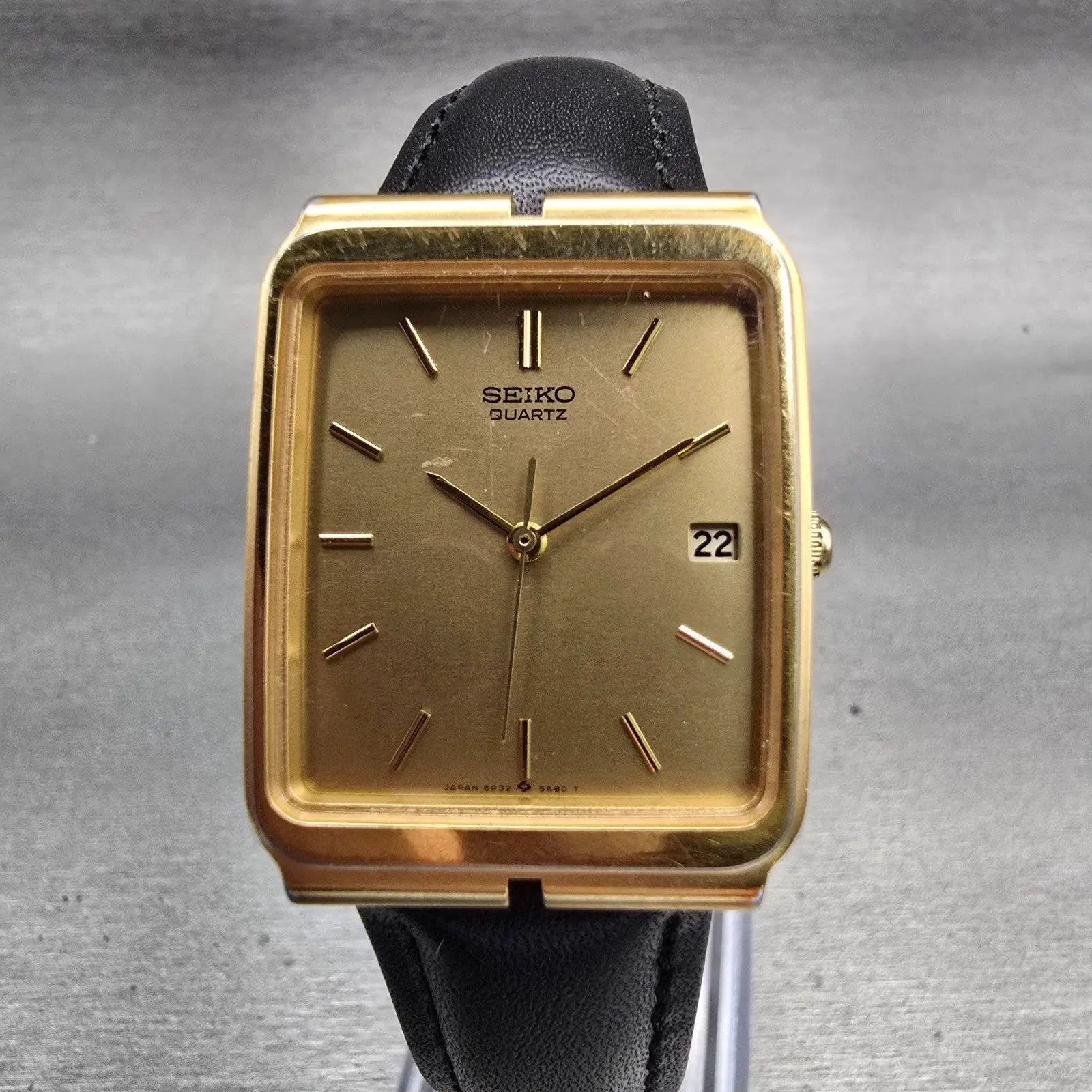 Seiko Watch Men 27mm Gold Dial Gold Tone Date Rectangle 5P32-5A79 New Battery0