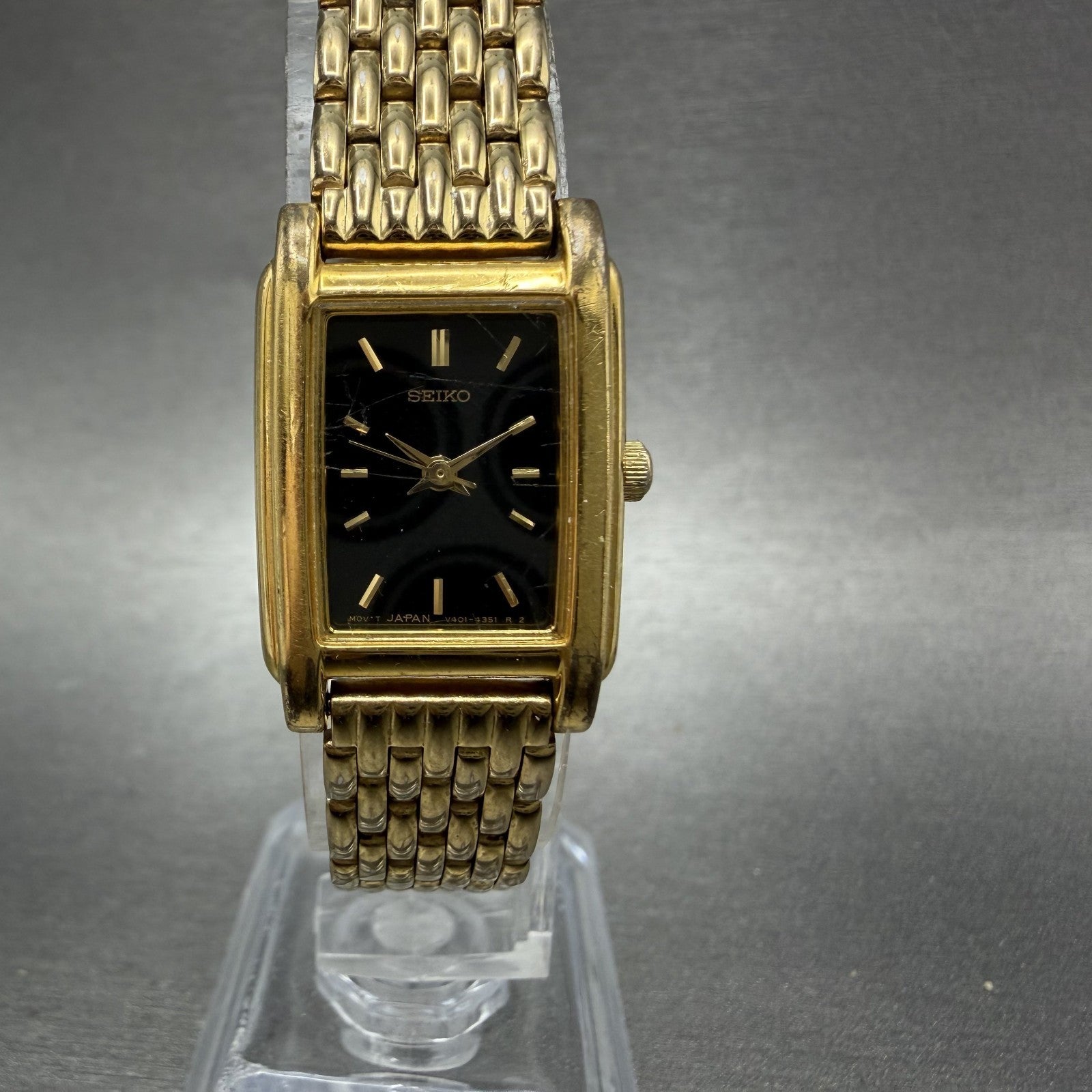 Seiko Tank Watch Women 18mm Black Dial Gold Tone Rectangle V4015650 New Battery0