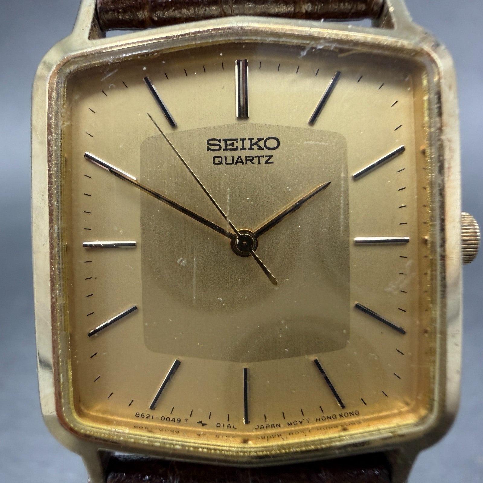 Seiko Watch Men 26mm Champagne Dial Gold Tone Rectangle 8621-5019 PARTS Vintage2
