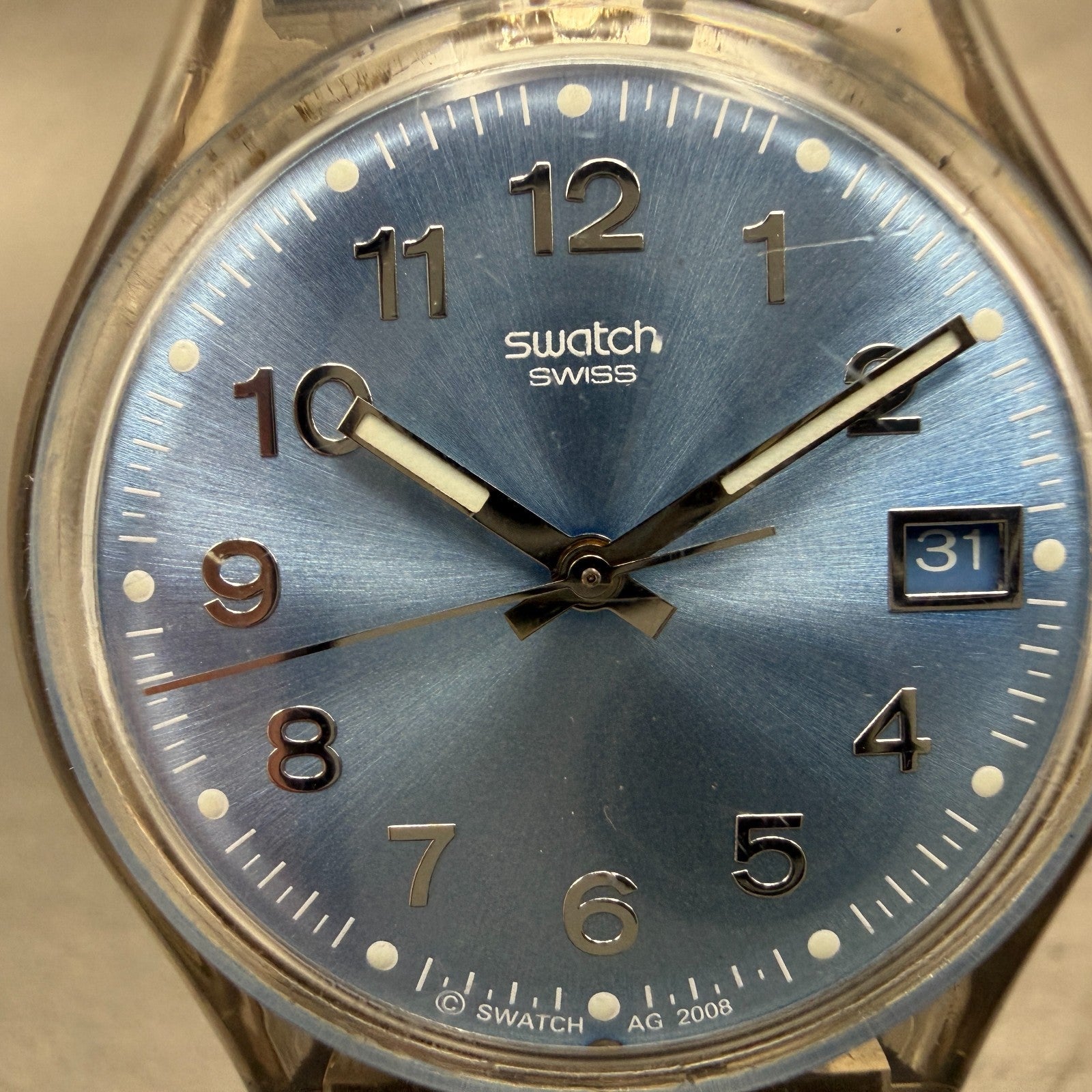 Swatch Blue Choco Watch Men 34mm Blue Dial Clear Date Round GM415 New Battery1
