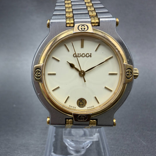 Gucci 9000M Watch Men 32mm Cream Dial Two Tone Date Round Bracelet New Battery 30