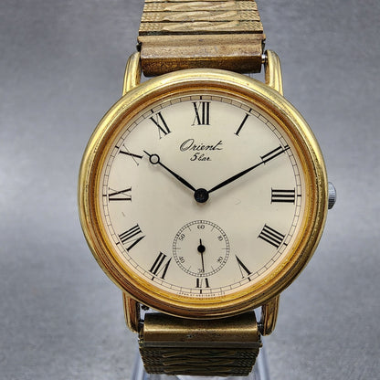 Orient Watch Men 31mm Cream Dial Gold Tone Round H9354060 New Battery VTG0