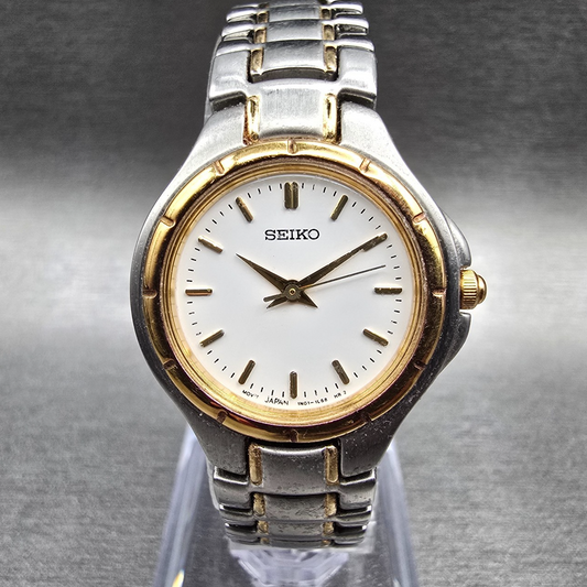 Seiko Watch Women 25mm White Dial Two Tone Round 1N01-0J60 New Battery VTG JP20
