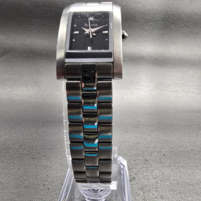 Bulova Watch Women 18mm Black Dial Silver Tone Rectangle 96L37 New Battery5