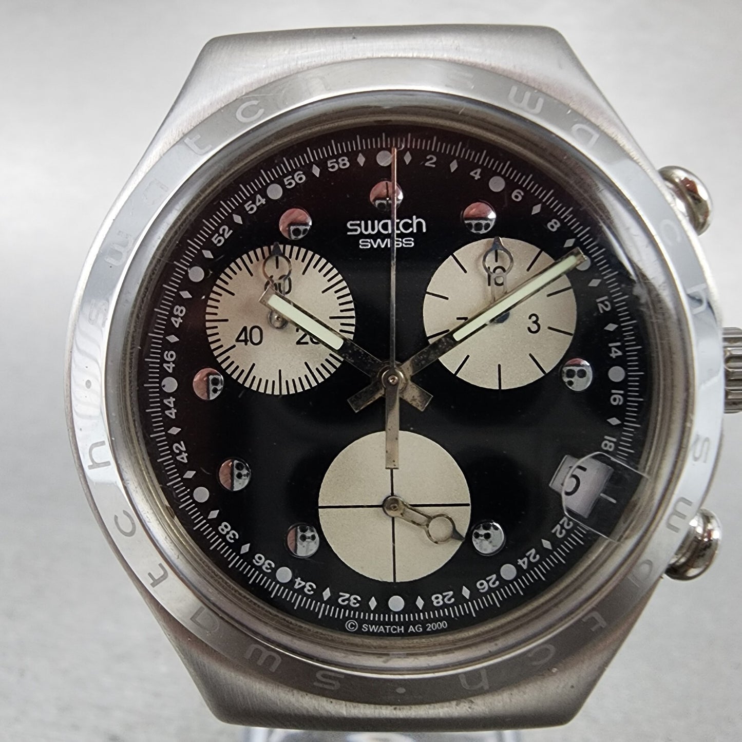 Swatch Irony Chrono Wisdom Watch Men 40mm Black Dial Steel Date Round New Batt1