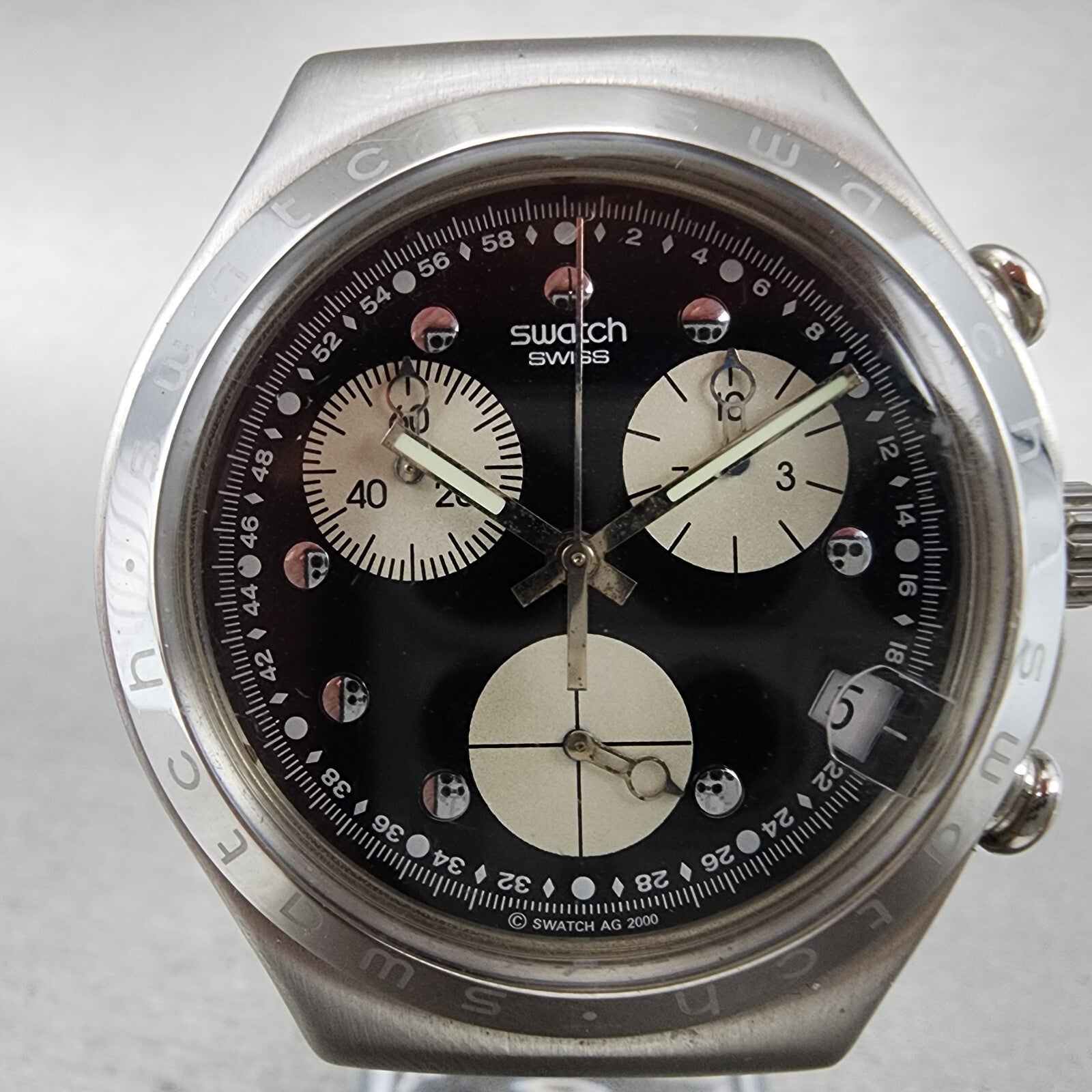 Swatch Irony Chrono Wisdom Watch Men 40mm Black Dial Steel Date Round New Batt1