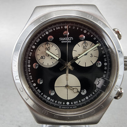 Swatch Irony Chrono Wisdom Watch Men 40mm Black Dial Steel Date Round New Batt1