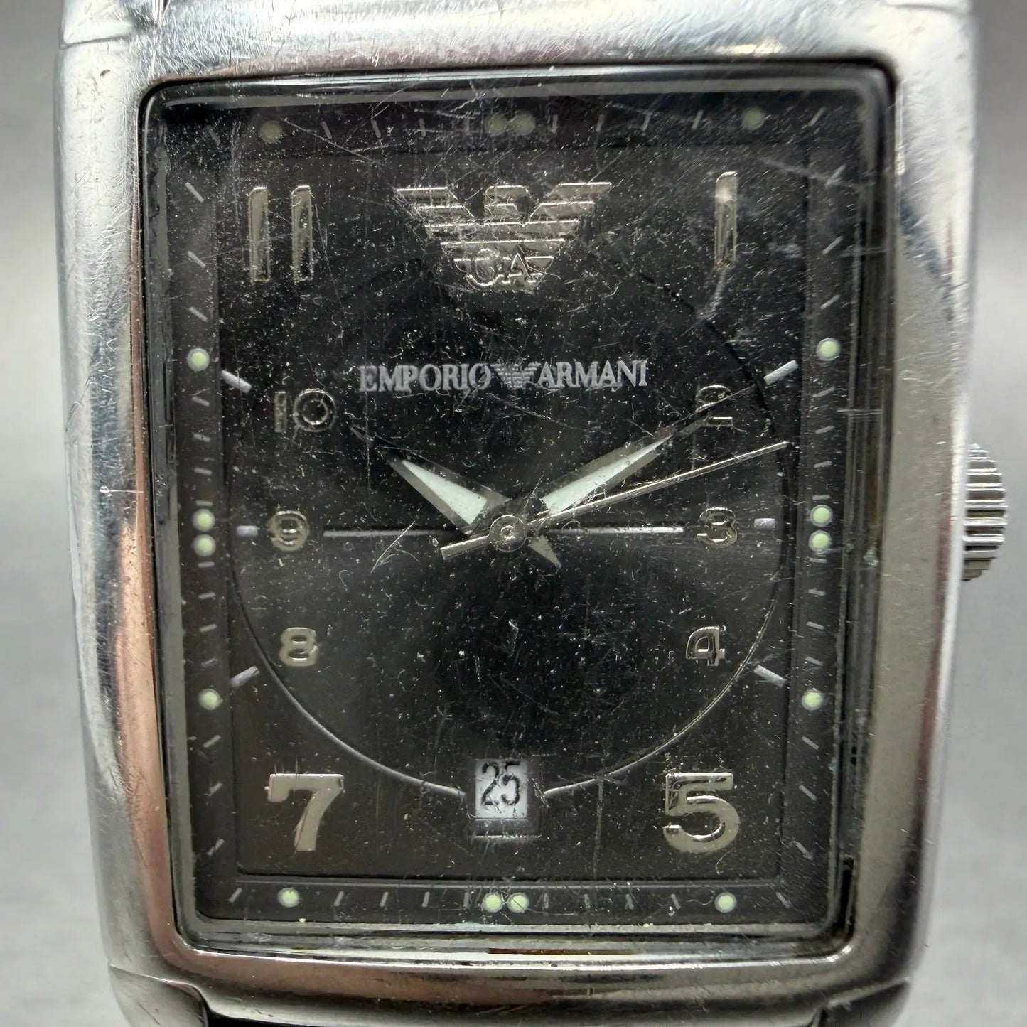 Emporio Armani Tank Watch Men 29mm Gray Dial Steel Date Rectangle AR-0272 NewBat1