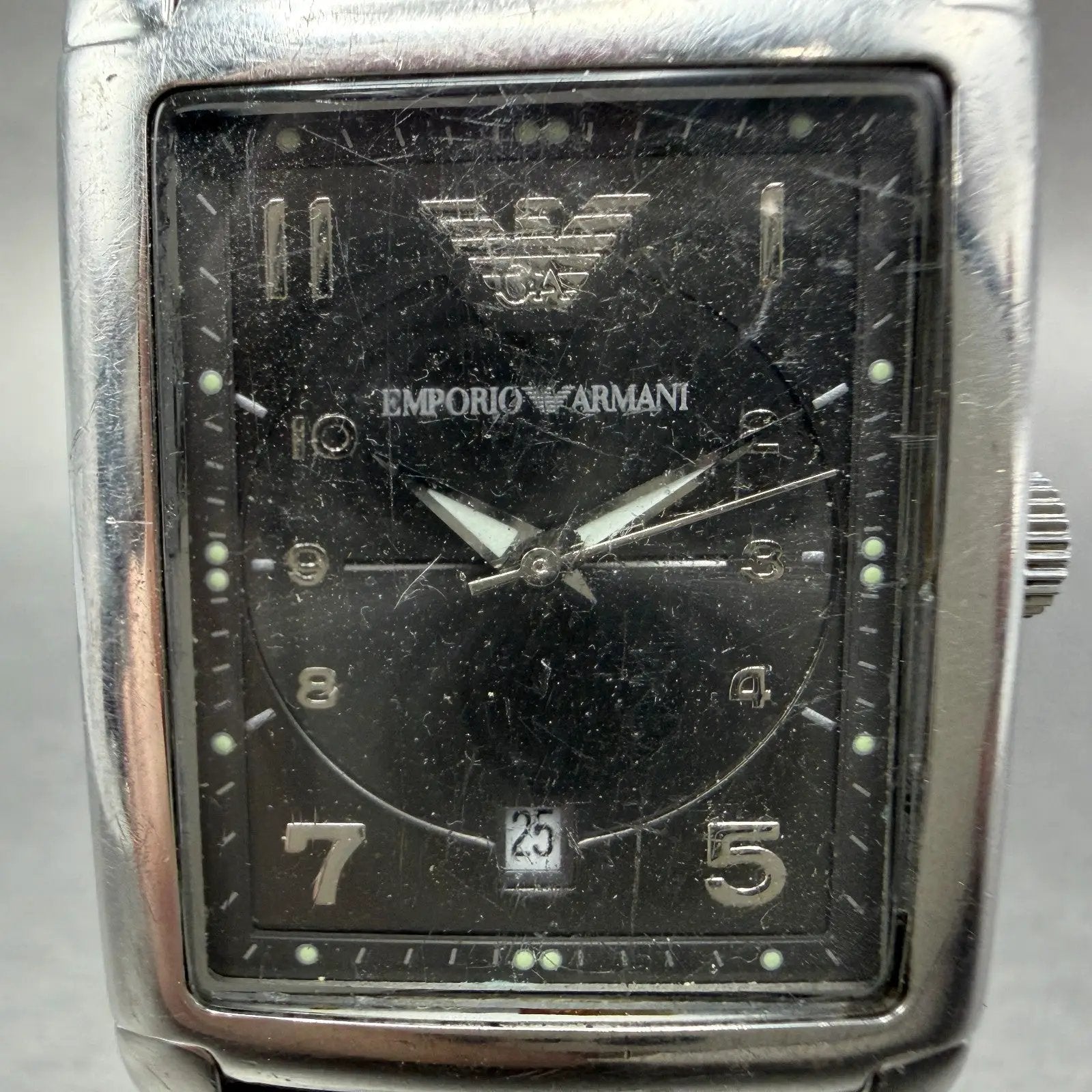 Emporio Armani Tank Watch Men 29mm Gray Dial Steel Date Rectangle AR-0272 NewBat1