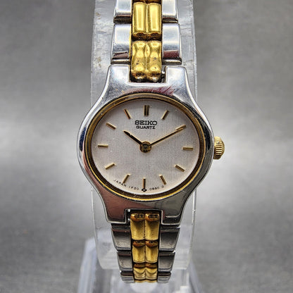 Seiko Watch Women 17mm Silver Dial Two Tone Oval 1F205B29 New Battery0