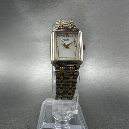 Seiko Tank Watch Women 18mm White Dial Two Tone Rectangle V401-5129 New Batt MNO5