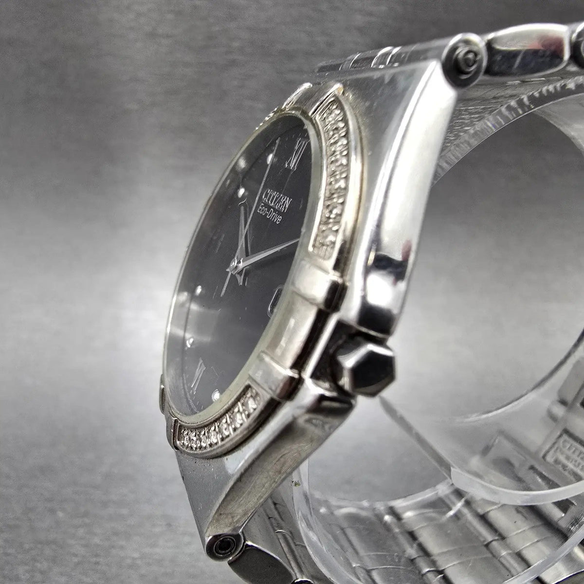 Citizen Eco-Drive Watch Men 36mm Black Dial Silver Date Round Diamonds Runs JP2