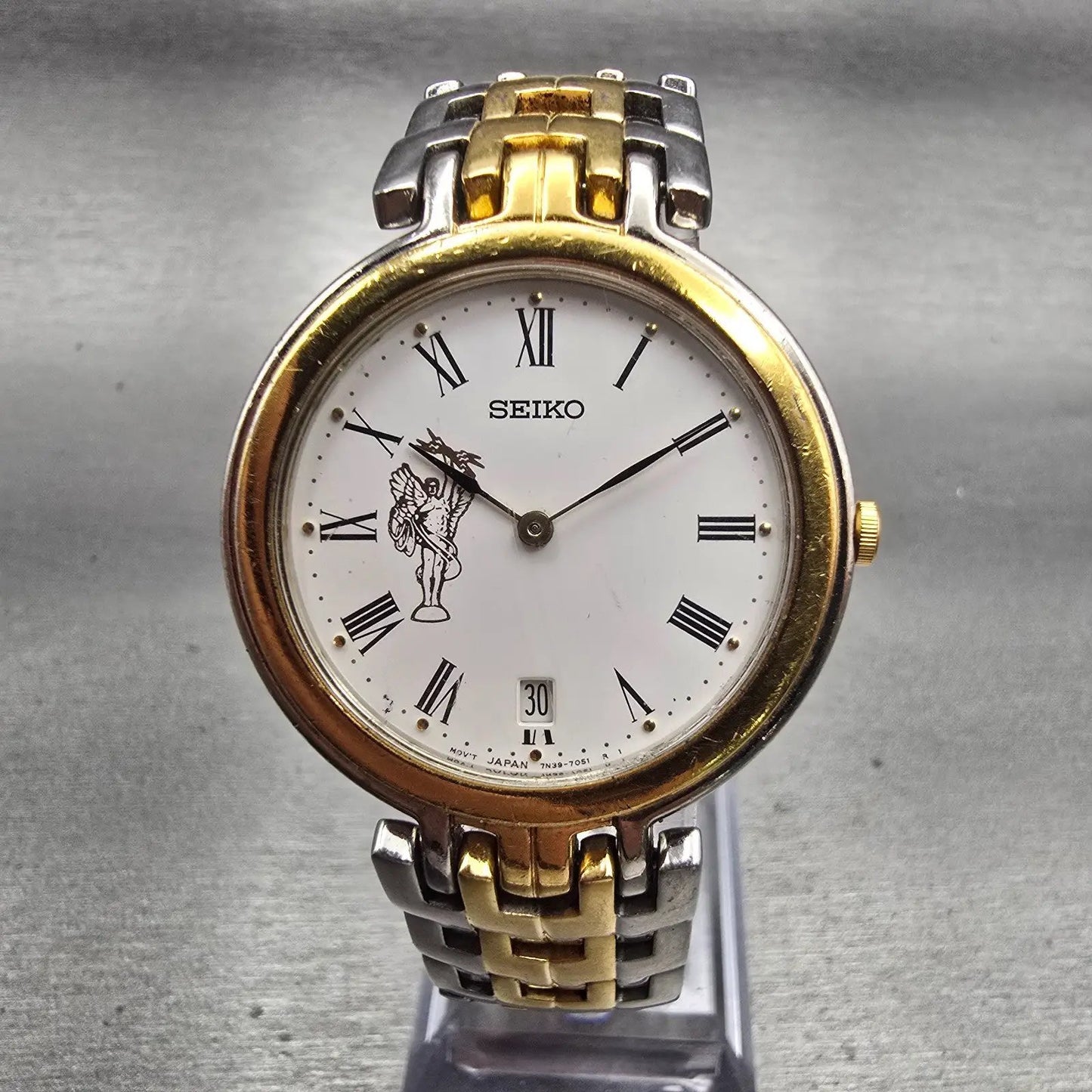 Seiko Watch Men 34mm White Dial Two Tone Date Round 7N39-7029 New Battery VTG0