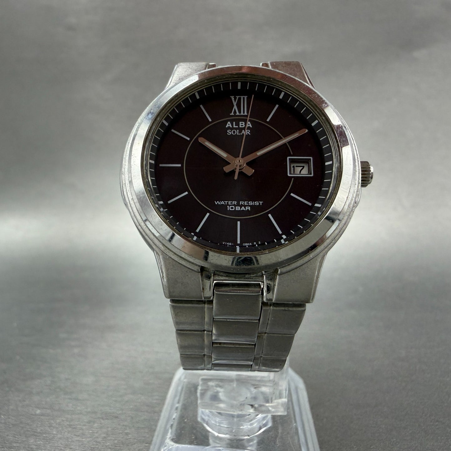 Seiko Alba Solar Watch Men 36mm black Dial Silver Tone Date V145-0AT0 Runs5