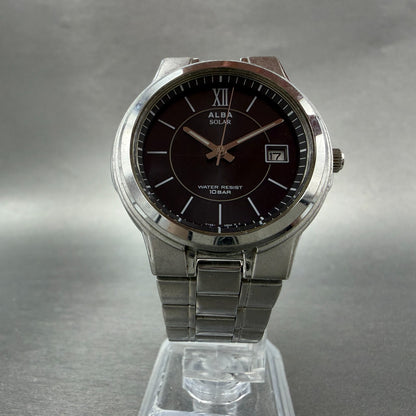 Seiko Alba Solar Watch Men 36mm black Dial Silver Tone Date V145-0AT0 Runs5