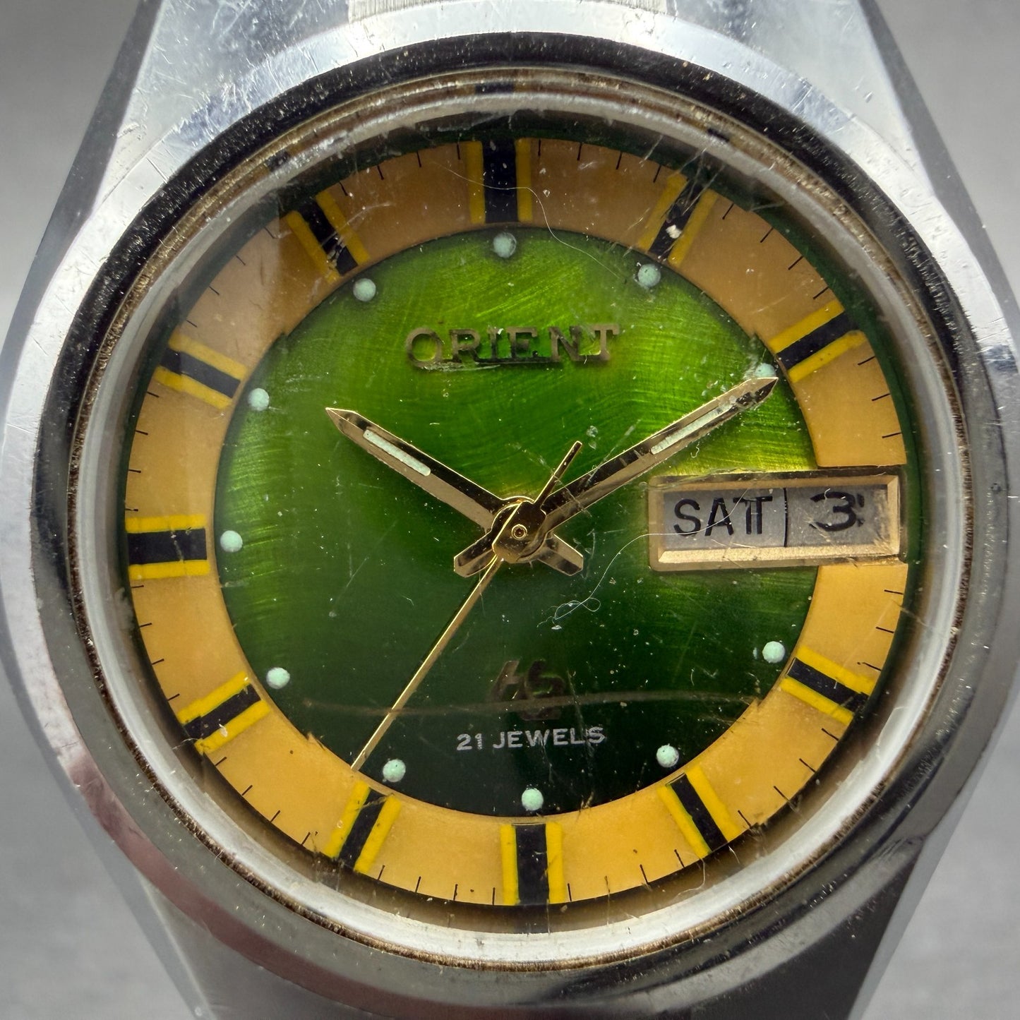 Orient Hi Ace Watch Men 38mm Green Dial Steel Daydate Round Automatic Runs VTG1