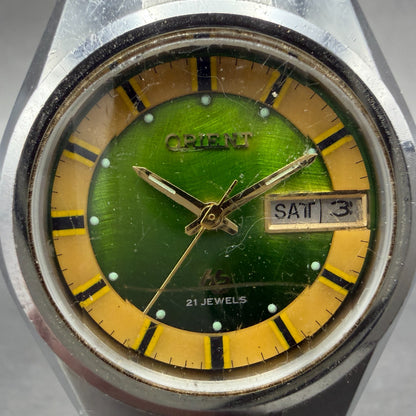 Orient Hi Ace Watch Men 38mm Green Dial Steel Daydate Round Automatic Runs VTG1