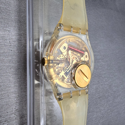 Swatch Golden Jelly Watch Men 34mm Skeleton Dial Clear Case GZ115 New Batt NOS12