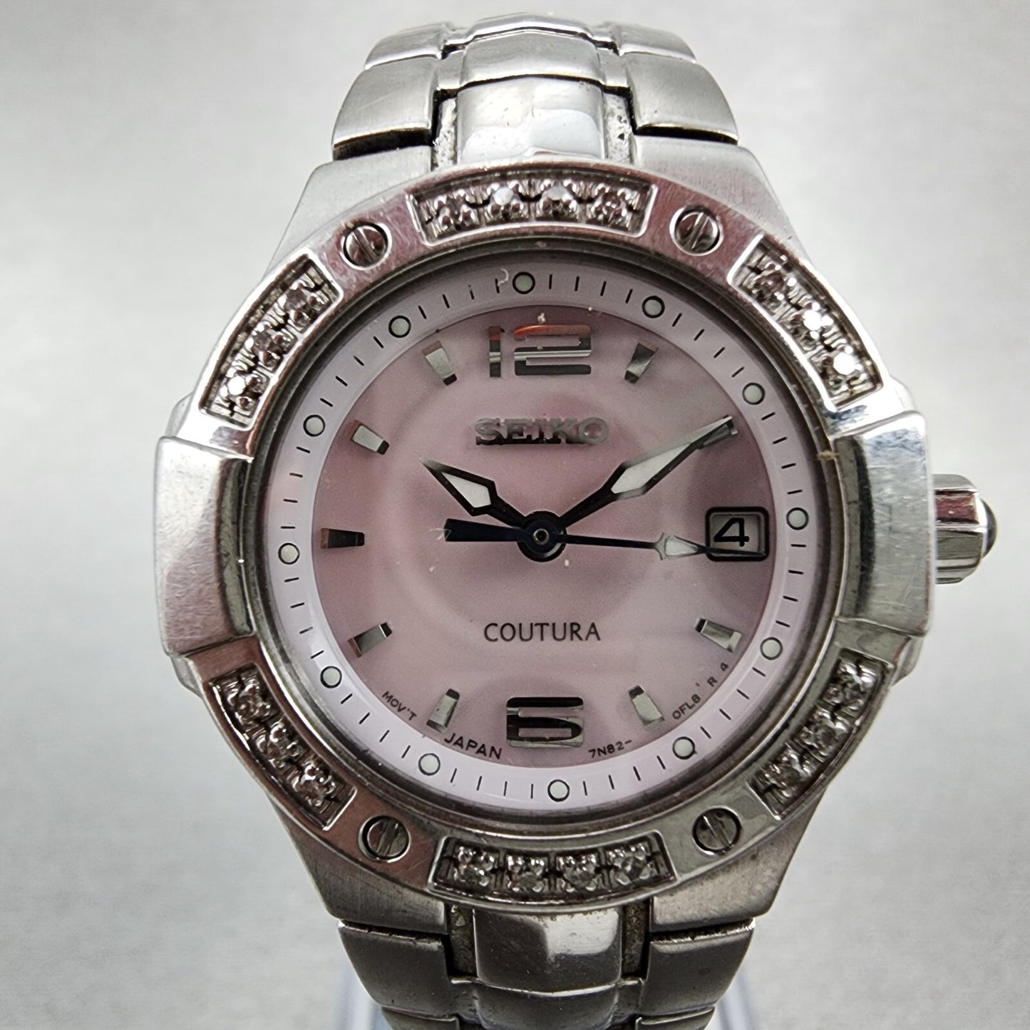 Seiko Watch Women 27mm MOP Dial Steel Date Round Diamonds 7n820CG0 New Battery1