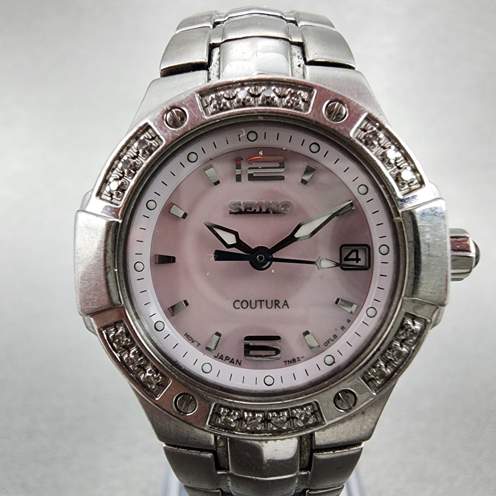 Seiko Watch Women 27mm MOP Dial Steel Date Round Diamonds 7n820CG0 New Battery1