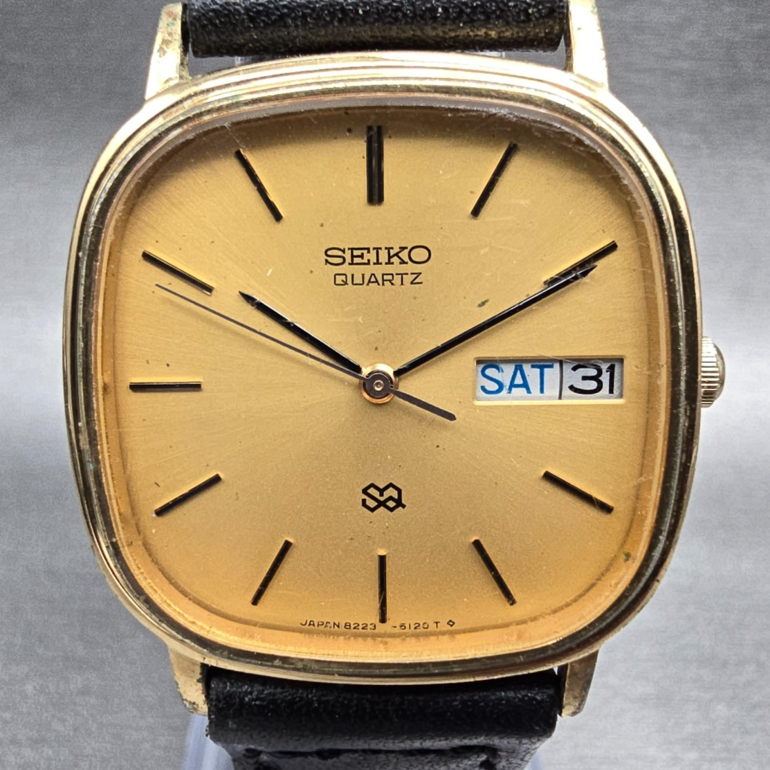 Seiko SQ Watch Men 31mm Gold Dial Gold Tone Daydate Rectangle 8223-5120 New Batt1