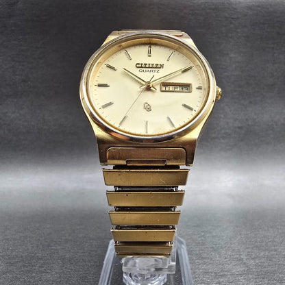 Citizen CQ Watch Men 35mm Champagne Dial Gold Tone Daydate 6101-915071 New Batt5