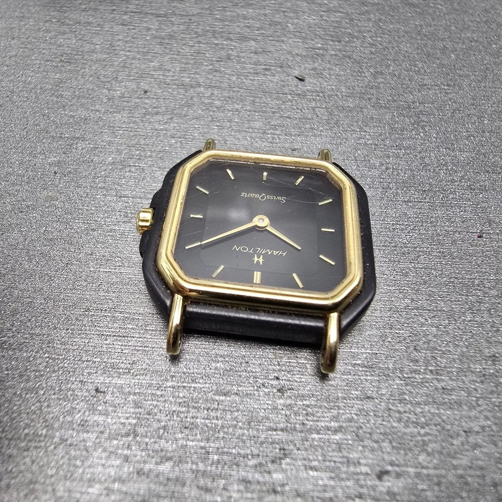 Hamilton Watch Women 22mm Black Dial Black Gold Tone Octagon VTG PARTS5