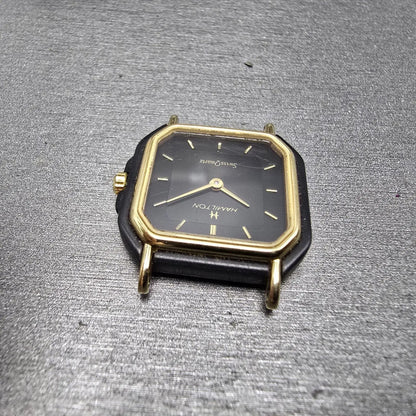 Hamilton Watch Women 22mm Black Dial Black Gold Tone Octagon VTG PARTS5