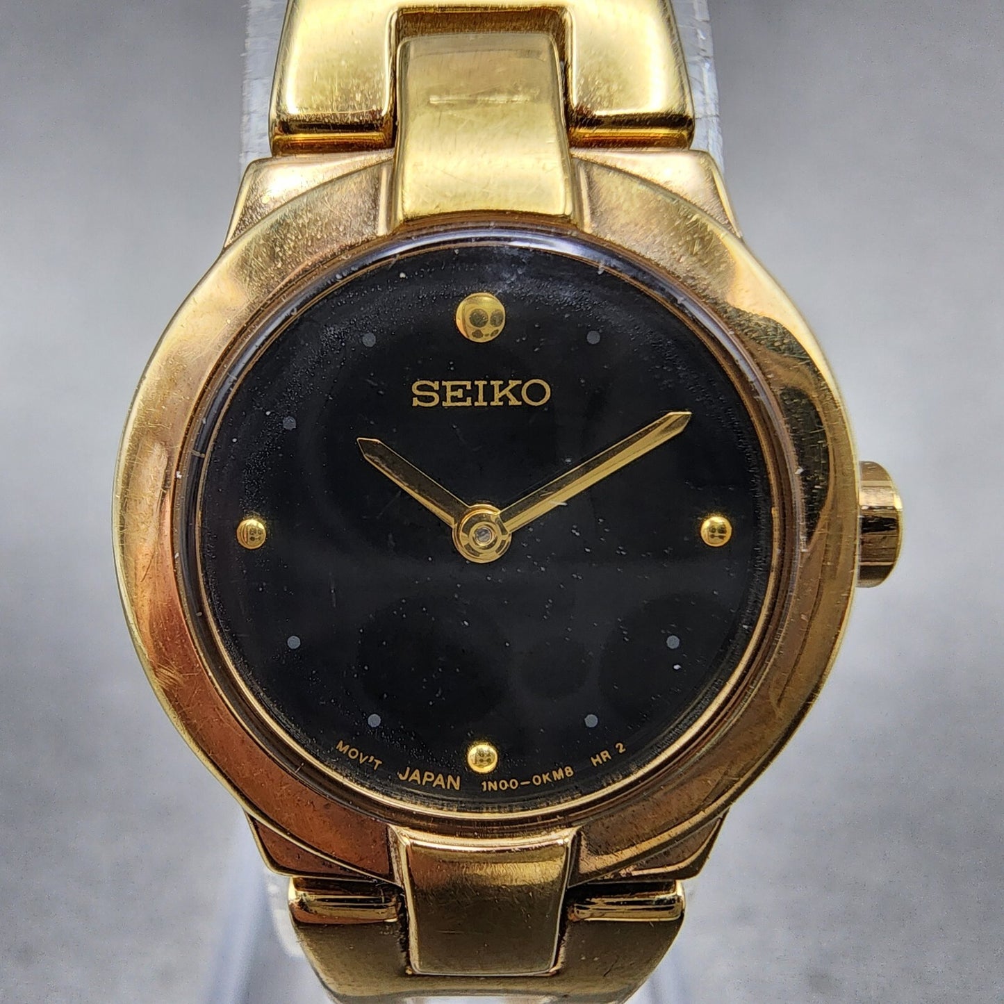 Seiko Watch Women 20mm Black Dial Gold Tone Round 1N000GM0 New Battery1