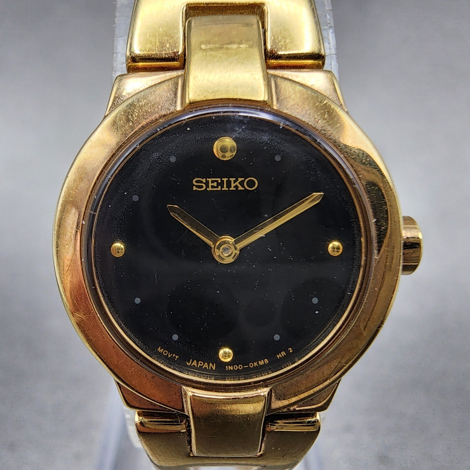 Seiko Watch Women 20mm Black Dial Gold Tone Round 1N000GM0 New Battery1