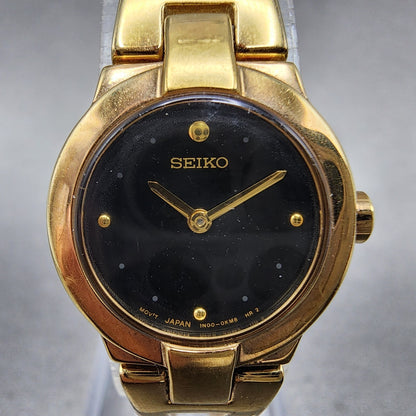 Seiko Watch Women 20mm Black Dial Gold Tone Round 1N000GM0 New Battery1