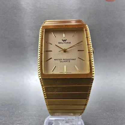 Waltham Tank Watch Men 27mm Gold Dial Gold Tone Rectangle New Battery VVTG5