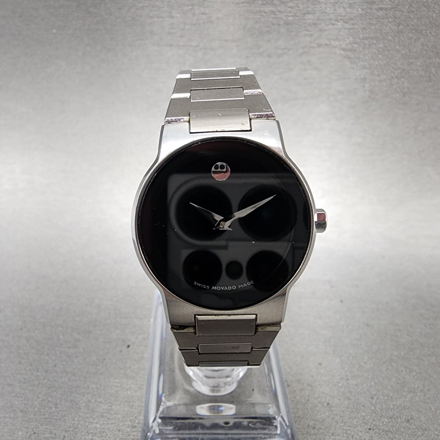 Movado Safiro Watch Women 26mm Black Dial Steel Round 0605806 New Battery0