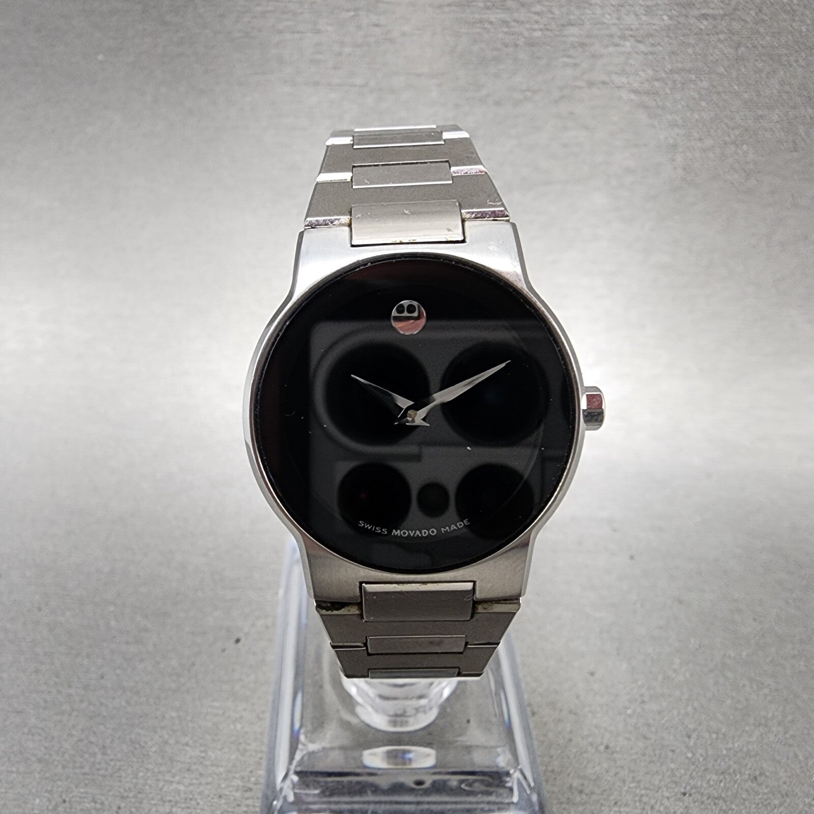 Movado Safiro Watch Women 26mm Black Dial Steel Round 0605806 New Battery0