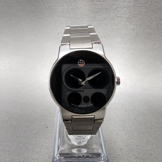 Movado Safiro Watch Women 26mm Black Dial Steel Round 0605806 New Battery0