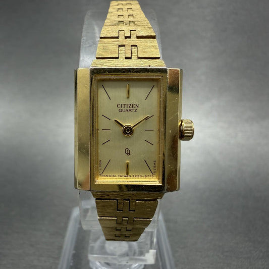 Citizen CQ Watch Women 17mm Champagne Dial Gold Tone Rectangle 3220 New Battery0