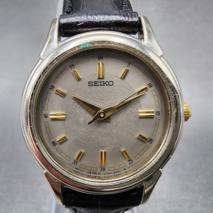 Seiko Watch Women 25mm Gray Dial Silver Tone Round Leather V701-1930 New Battery