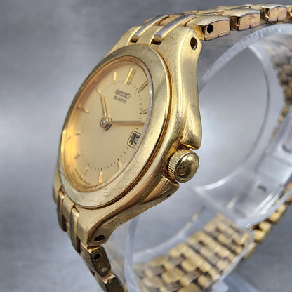 Seiko Watch Women 26mm Gold Dial Gold Tone Date Round 7N390050 New Battery2