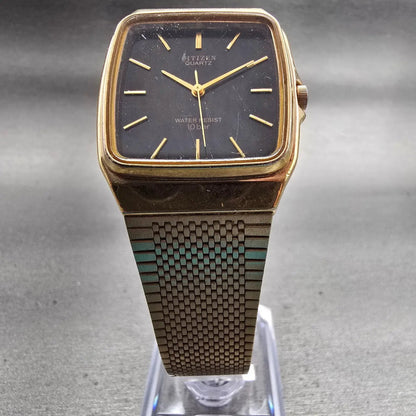 Citizen Watch Men 28mm Black Dial Gold Tone Rectangle T4-G02646 New Battery VTG5