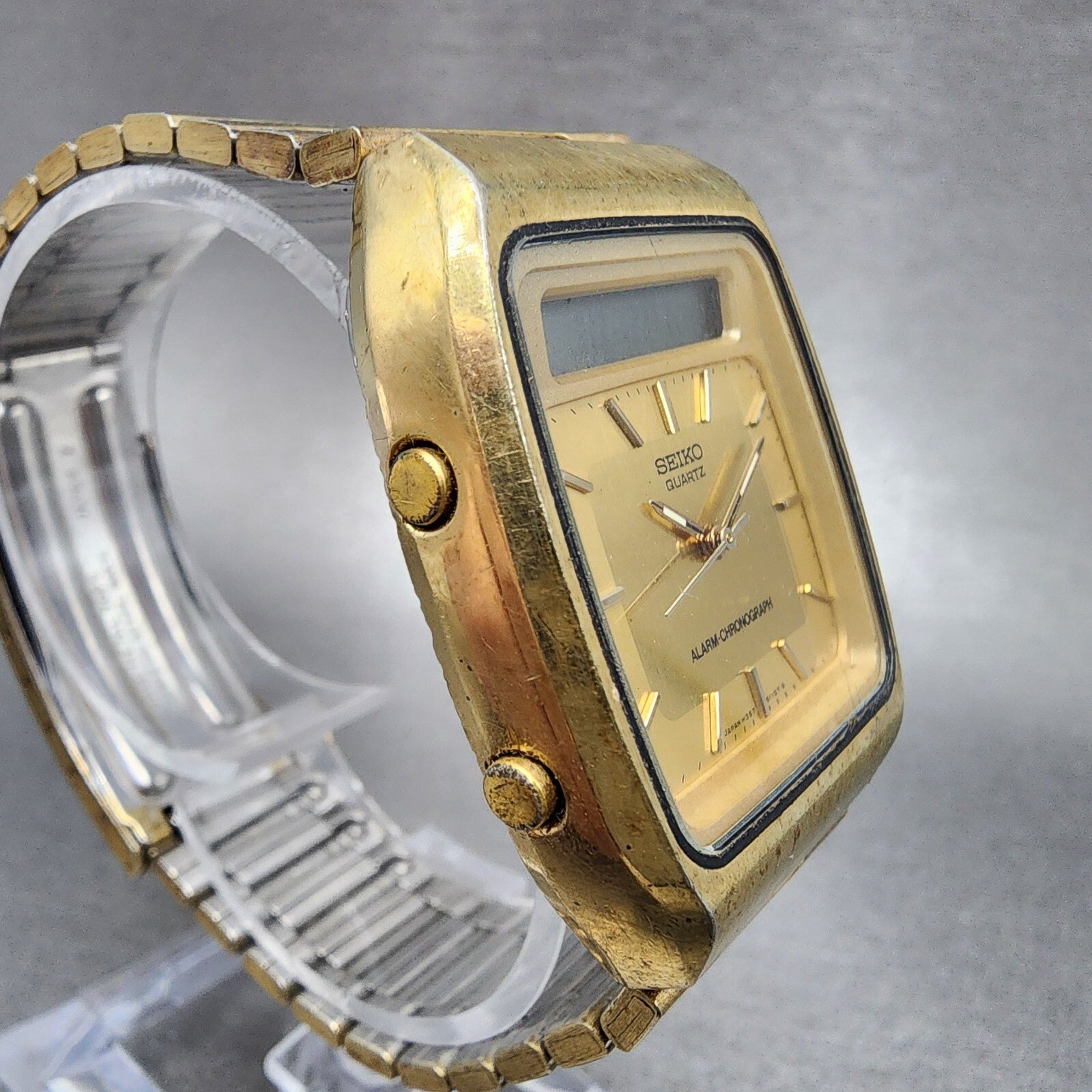 Seiko Analog Digital Watch Men 32mm Gold Dial Gold Tone H3575109 New Battery3