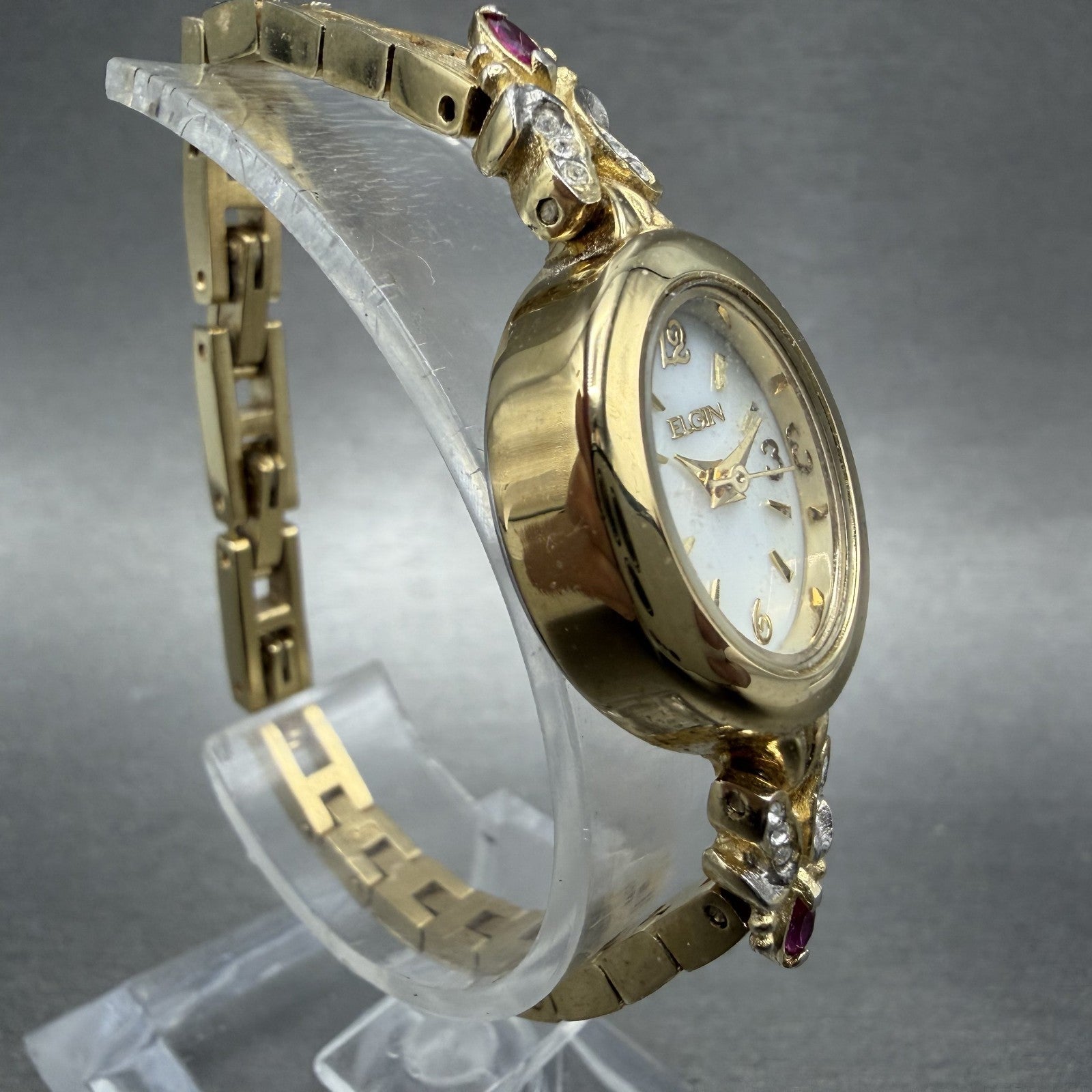 Elgin Watch Women 18mm MOP Dial Gold Tone Oval Ruby Diamond Bezel New Battery AB3