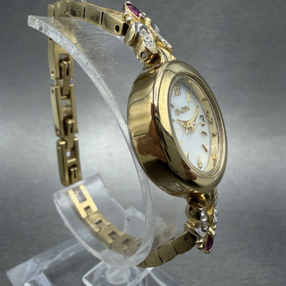 Elgin Watch Women 18mm MOP Dial Gold Tone Oval Ruby Diamond Bezel New Battery AB3