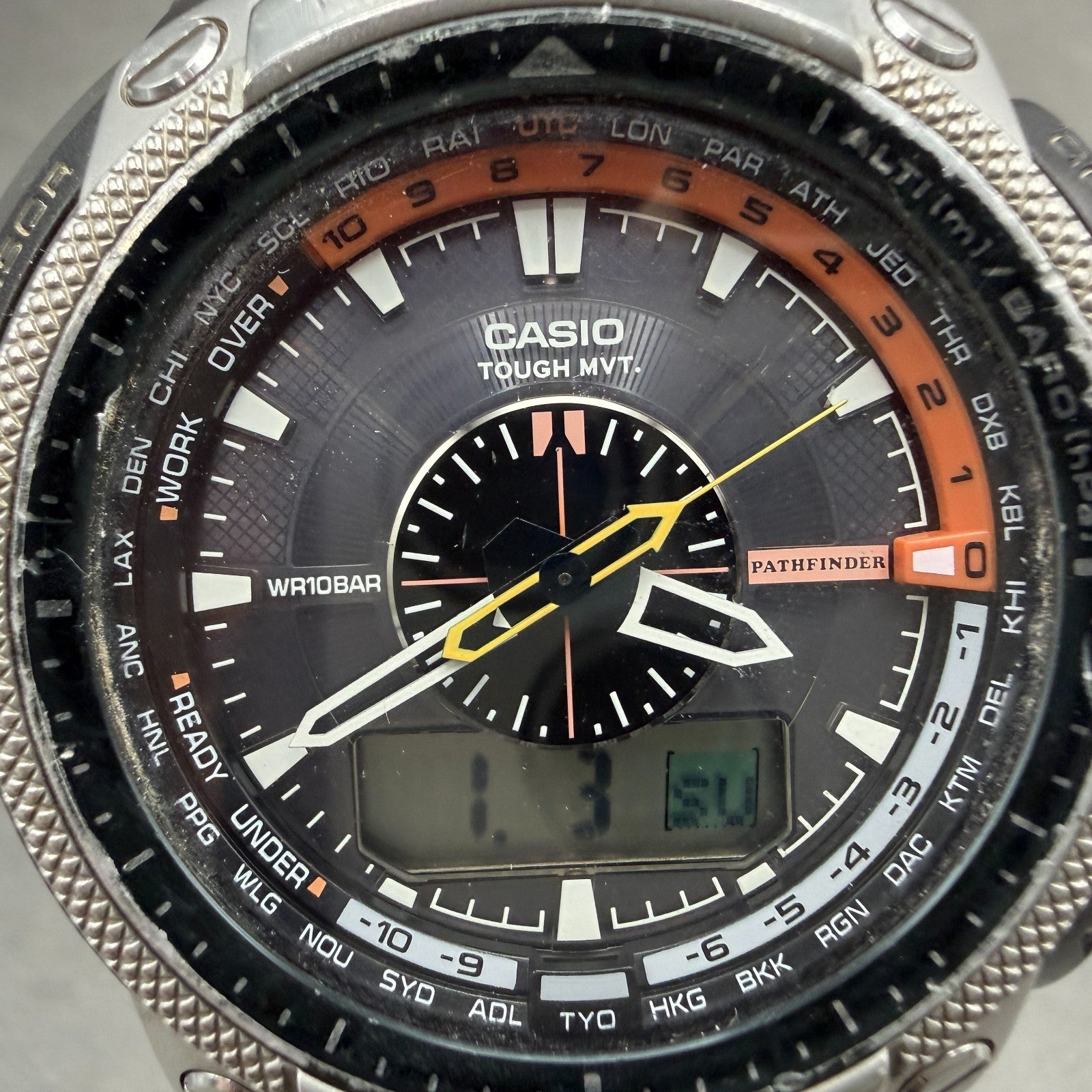 Casio Pathfinder PAW-5000 Watch Men 49mm Black Silver Triple Sensor READ!! Solar1