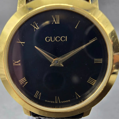 Gucci 2200L Watch Women 25mm Black Dial Gold Tone Round New Battery Swiss1
