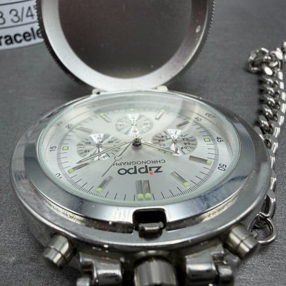 Zippo Pocket Watch Men 49mm Silver Dial Steel Chronograph Round New Battery3